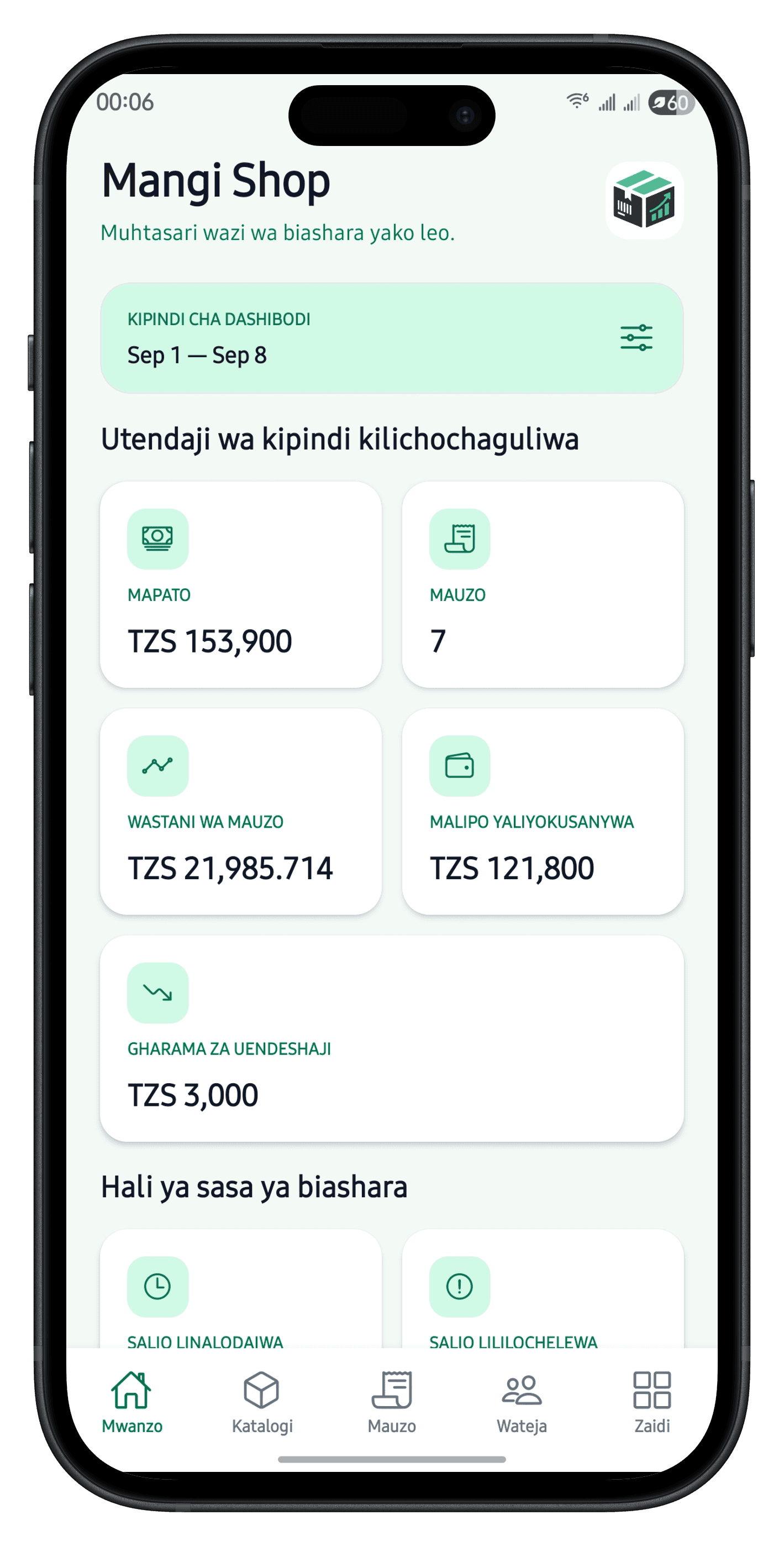 StockMint mobile dashboard showing sales and business performance