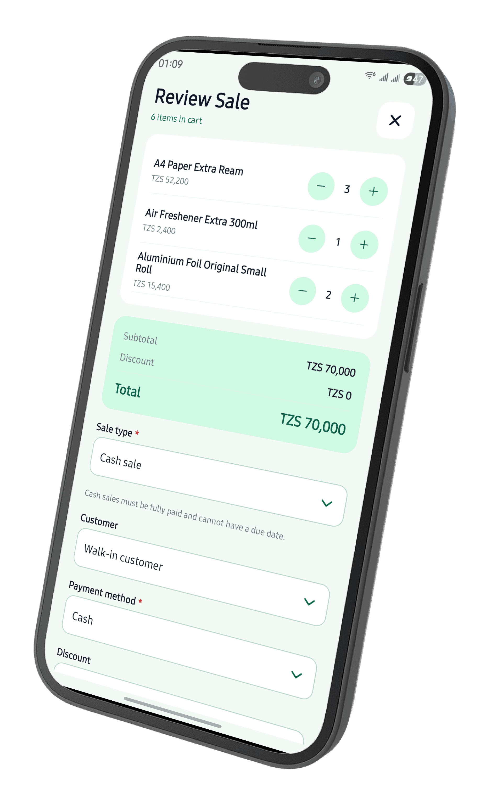 StockMint point of sale screen with an open cart ready for checkout
